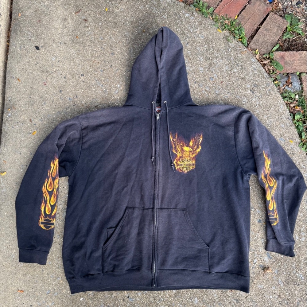Y2K Harley-Davidson Heart of Dixie AL Flame Eagle Zip Hoodie Mens 2XL Black